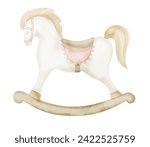 Rocking Horse baby Toy. Hand drawn watercolor illustration of Riding pony for little girl. Funny animal for kid game in vintage style. Retro drawing on isolated background for children holiday.