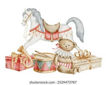 Rocking Horse with Teddy Bear and presents watercolor illustration. Drawing of vintage baby Toys in red and green colors on isolated background for childish greeting cards or kids invitations. - Powered by Shutterstock