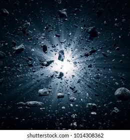 Rocks and debris flying through space after a huge big bang explosion (3D render)
