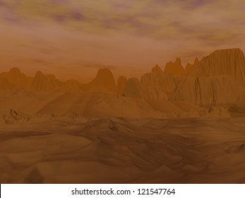 Rocks And Mountains Desert Under Big Clouds In Venus Planet