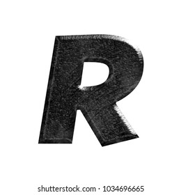 Rocky metallic black stone style uppercase or capital letter R in a 3D illustration with a rough rock texture shiny metal surface basic bold font isolated on a white background with clipping path.