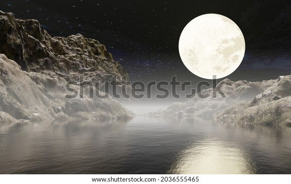 rocky\
mountain scenery and the sea or the night river. full moon yellow\
gold Reflection on the water surface. There is a faint mist on the\
water. Clear sky, many stars at night. 3D\
rendering