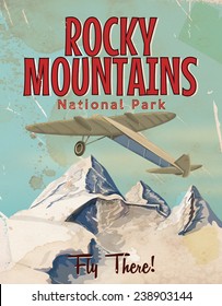 Rocky Mountains Vintage Travel Poster With Classic Aircraft.