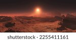 Rocky red color desert at sunset, martian landscape, 3d rendering