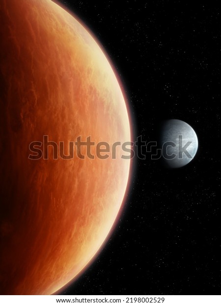 Rocky red\
planet with atmosphere and satellite. Realistic surface of an alien\
planet, space landscape 3d\
rendering.