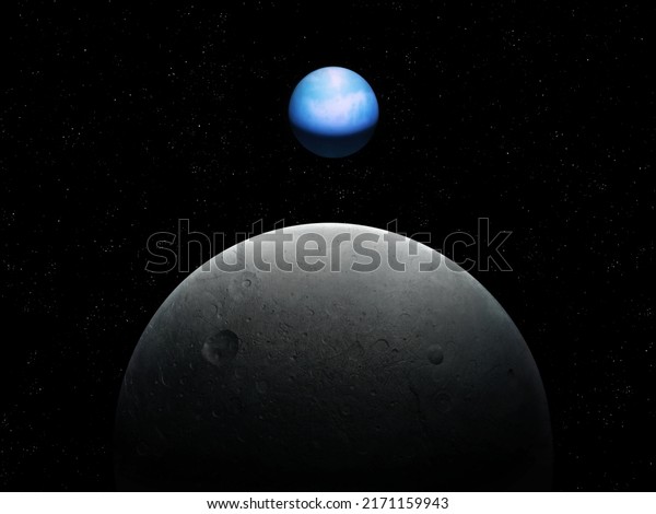 Rocky satellite of an Earth-like planet.\
Surface of the planetary moon against the background of a blue\
planet 3d\
illustration.