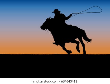 Rodeo Competition Tournament, Sunset Background. Poster Cowboy And Lasso On The Horse