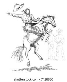 Rodeo cowboy riding a bucking bronco sketch style