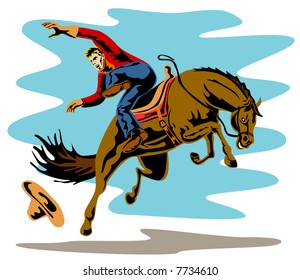 Rodeo cowboy riding a bucking bronco