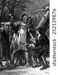 Roger Williams (right) being sheltered by Native Americans after fleeing Massachusetts Colony to avoid arrest, 1636