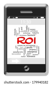 ROI Word Cloud Concept of Touchscreen Phone with great terms such as investment, gains and more.