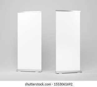 Roll Up Banner Stand Isolated On White Background Isolated With Clipping Path,empty White Show Display Mock Up For Presentation Or Exhibition Your Product, Board For Trade Advertising. 3d Illustration