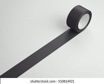 Roll Of Black Sticky Tape On A White Floor. 3d Rendering