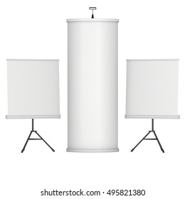 Roll Up and Pop Up Banner Stands and Column. Trade show booth white and blank. 3d render isolated on white background. High Resolution Template for your design.