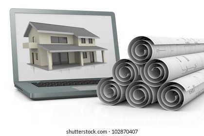 Rolled Up Blueprints And A Computer With A House On The Screen (3d Render)