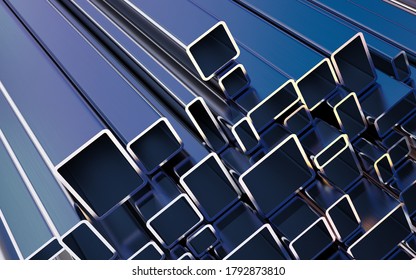 Rolled metal products. Steel square profiles. 3d illustration.