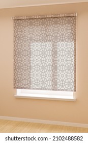 Roller Curtain With Geometric Pattern, Warm Color Scheme, Wooden Floor, 3D Render