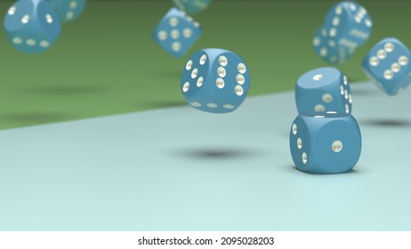 Rolling Blue-white Dices On Lime Green And Sky Blue Planes Background. 3D CG. 3D Illustration. 3D High Quality Rendering.