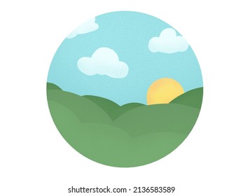 Rolling Hills With Sun Round Circle Icon With Clouds