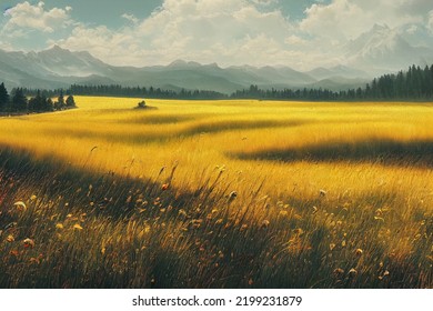 Rolling Meadow Of Tall, Yellow Grass.