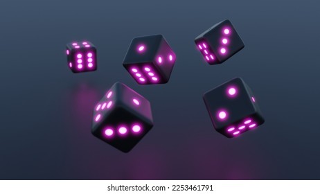 Rolling Pink Dice Glow in the Dark, glowing lights, neon, casino gambling, dice roll, correct numbering, realistic 3D Rendering.