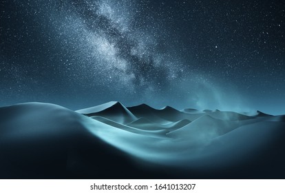 Rolling Sand Dunes At Night With The Milky Way Banding Across The Sky. Mixed Media Illustration.