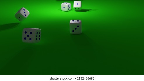 Rolling White Dice. Animation Of Four Rolling Dice Showing Different Numbers, 3d Rendering