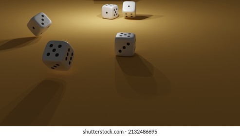 Rolling White Dice. Animation Of Four Rolling Dice Showing Different Numbers, 3d Rendering