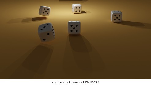 Rolling White Dice. Animation Of Four Rolling Dice Showing Different Numbers, 3d Rendering