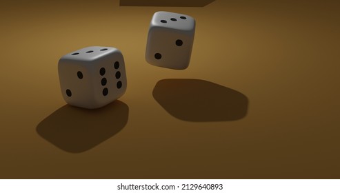 Rolling White Dice. Animation Of Two Rolling Dice Showing Different Numbers, 3d Rendering