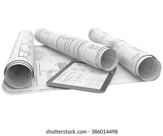 Rolls architectural drawings with the tablet computer on a white background.  Composition in 3D. Black-and-white 3D illustration. 