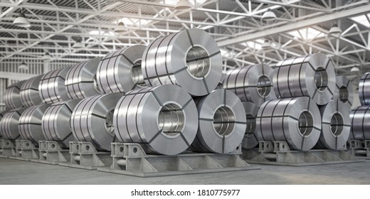 Rolls of metal sheet. Zinc, aluminium or steel sheet rolls on warehouse in factory. 3d illustration