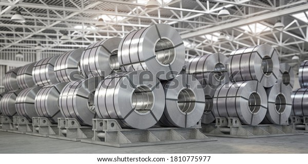 Rolls of metal sheet. Zinc,
aluminium or steel sheet rolls on warehouse in factory. 3d
illustration