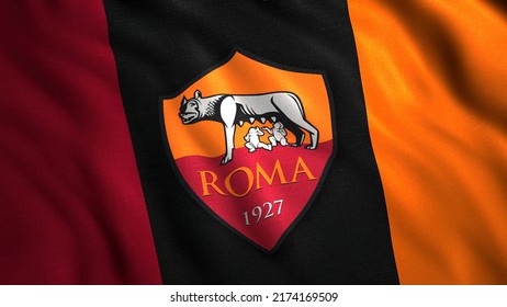 Roma Flag Waving In Slow Motion. Motion. Close Up Of Italian Professional Football Club Flag. For Editorial Use Only.