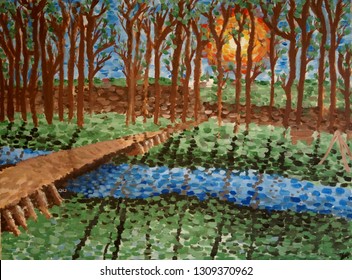 Roman Bridge Over A Stream And Beautiful Sun Painting In Impressionist Pointillism          