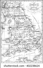 Roman Britain Map, Vintage Engraved Illustration. Colorful History Of England, 1837.
