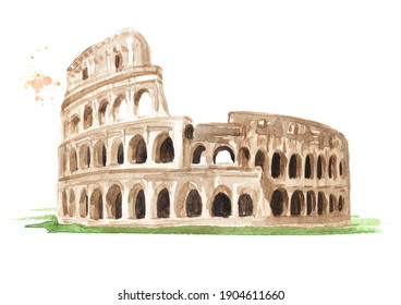 Roman Colosseum in Rome, Italian landmark. Hand drawn watercolor illustration isolated on white background