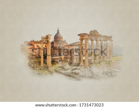 Roman forum. Vintage watercolor landscape, techniques of old masters.
