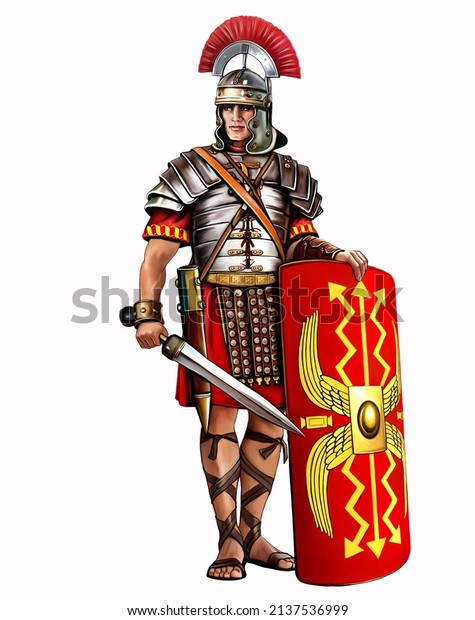Roman\
legionary (legionarius) with a gladius sword and a scutum shield,\
heavy infantryman, realistic drawing, soldier of the army of the\
Roman Empire, isolated image on a white\
background.