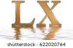 Roman numeral LX, sexaginta, 60, sixty, reflected on the water surface, isolated on  white, 3d render
