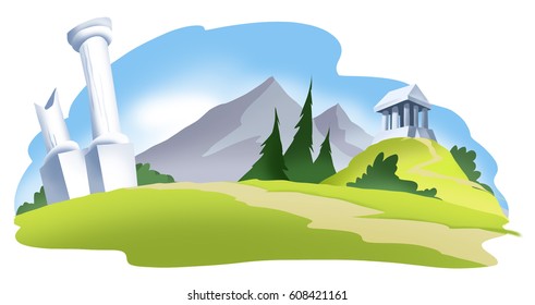 Roman Ruins. A Cartoon Illustration Background Vignette, Showing Ruined Roman Columns, And A Small Greek Temple On A Mound Rising In The Background.