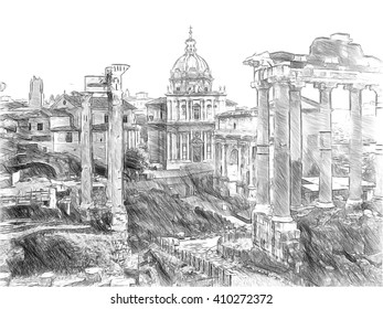 Roman Ruins In Rome, Forum Romanum. Illustration In Draw, Sketch Style