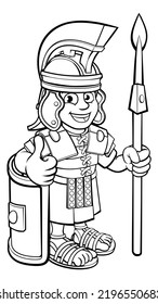 A Roman Soldier Cartoon Character Holding A Spear And Doing A Thumbs Up