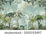 Roman tropical garden with temple, palace. bird, peacock, parrot illustration seamless pattern