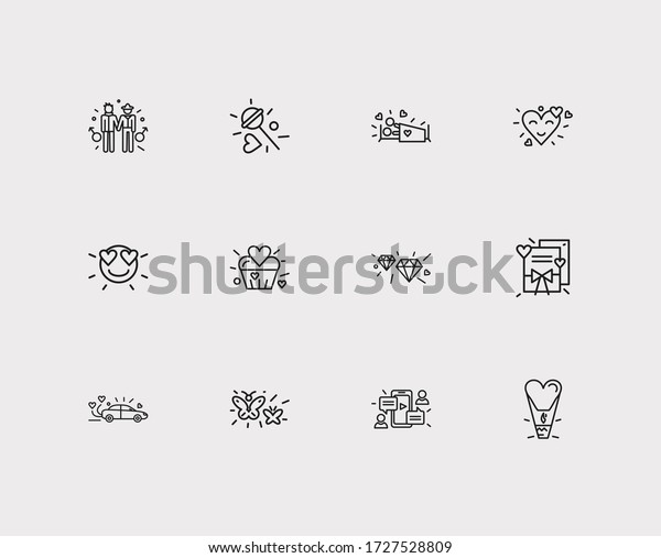Romance icons set. Butterflies and romance icons\
with wedding car, diamond and gay couple. Set of person for web app\
logo UI design.