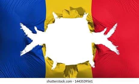 Romania Flag With A Big Hole, White Background, 3d Rendering