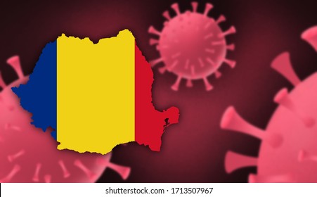 Romania  map with flag pattern on  corona virus update on corona virus background, space for add text,information,report new case,total deaths,new deaths,serious critical,active cases