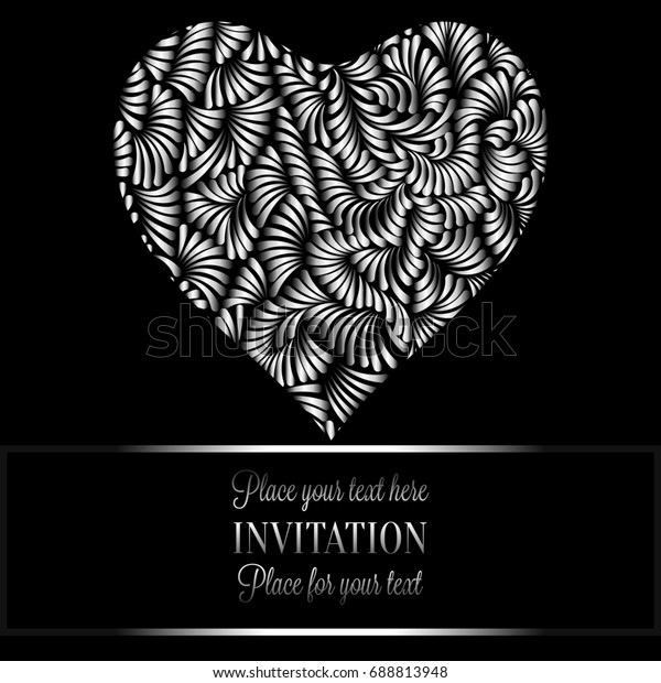 Romantic background with antique, luxury black\
and silver vintage frame, victorian banner, heart made of feathers\
wallpaper ornaments, invitation card, baroque style booklet,\
fashion\
pattern.