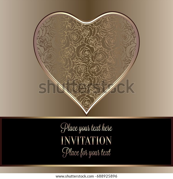 Romantic background with antique, luxury black\
and gold vintage frame, victorian banner, heart made of roses\
wallpaper ornaments, invitation card, baroque style booklet,\
fashion pattern
