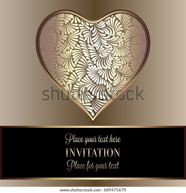 Romantic background with antique, luxury black,
beige and gold vintage frame, victorian banner, heart made of
feathers wallpaper ornaments, invitation card, baroque style
booklet, fashion
pattern.